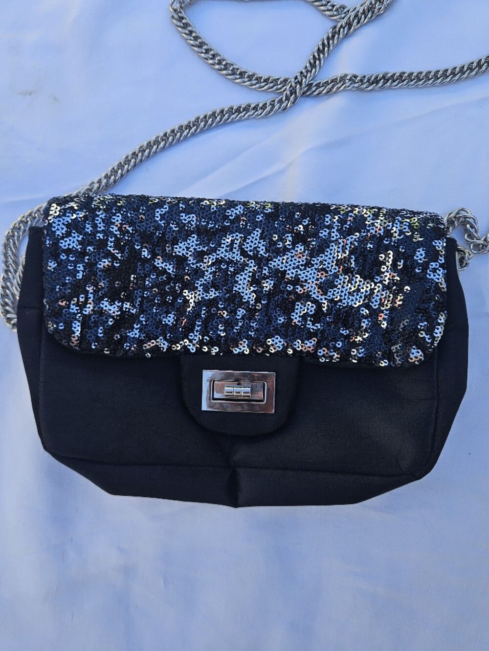 Street Level Black Sequin Flap Crossbody with Silver Chain